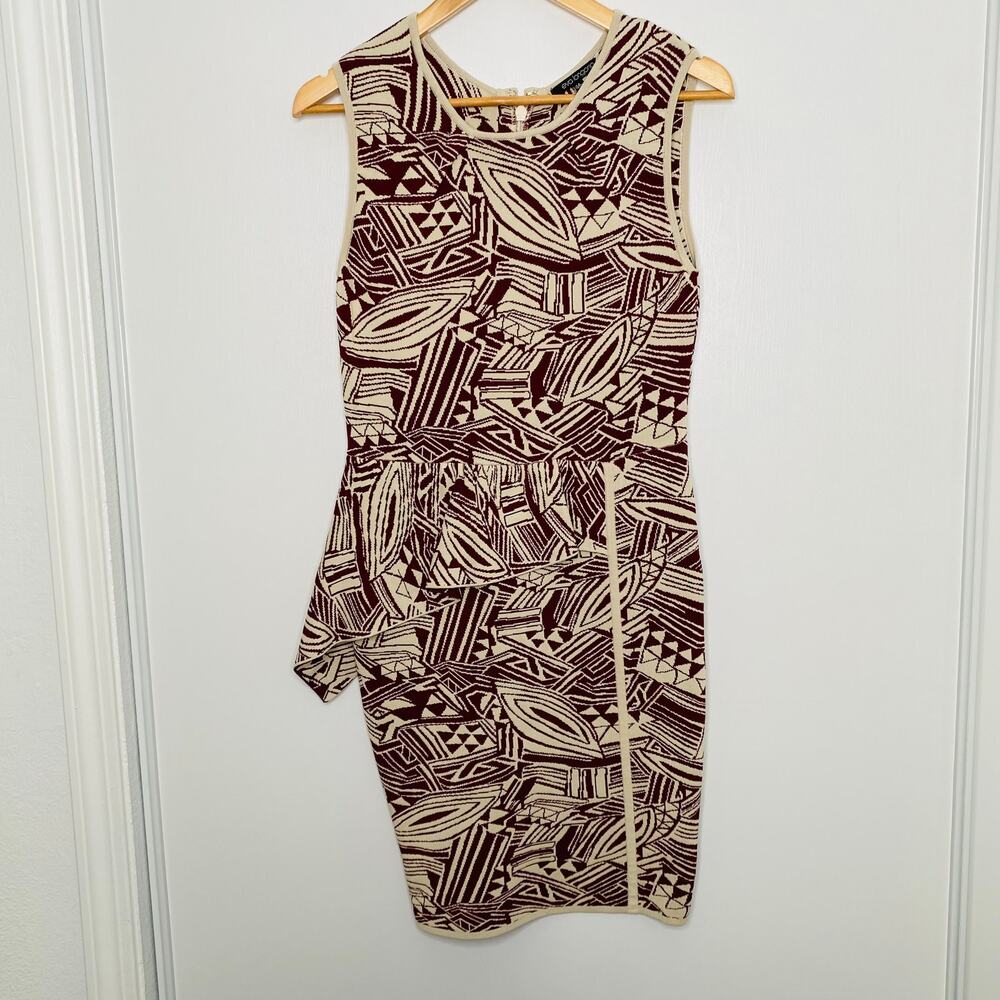 Eva Longoria wine and cream sheath dress with asymmetrical ruffle (Size: Medium)